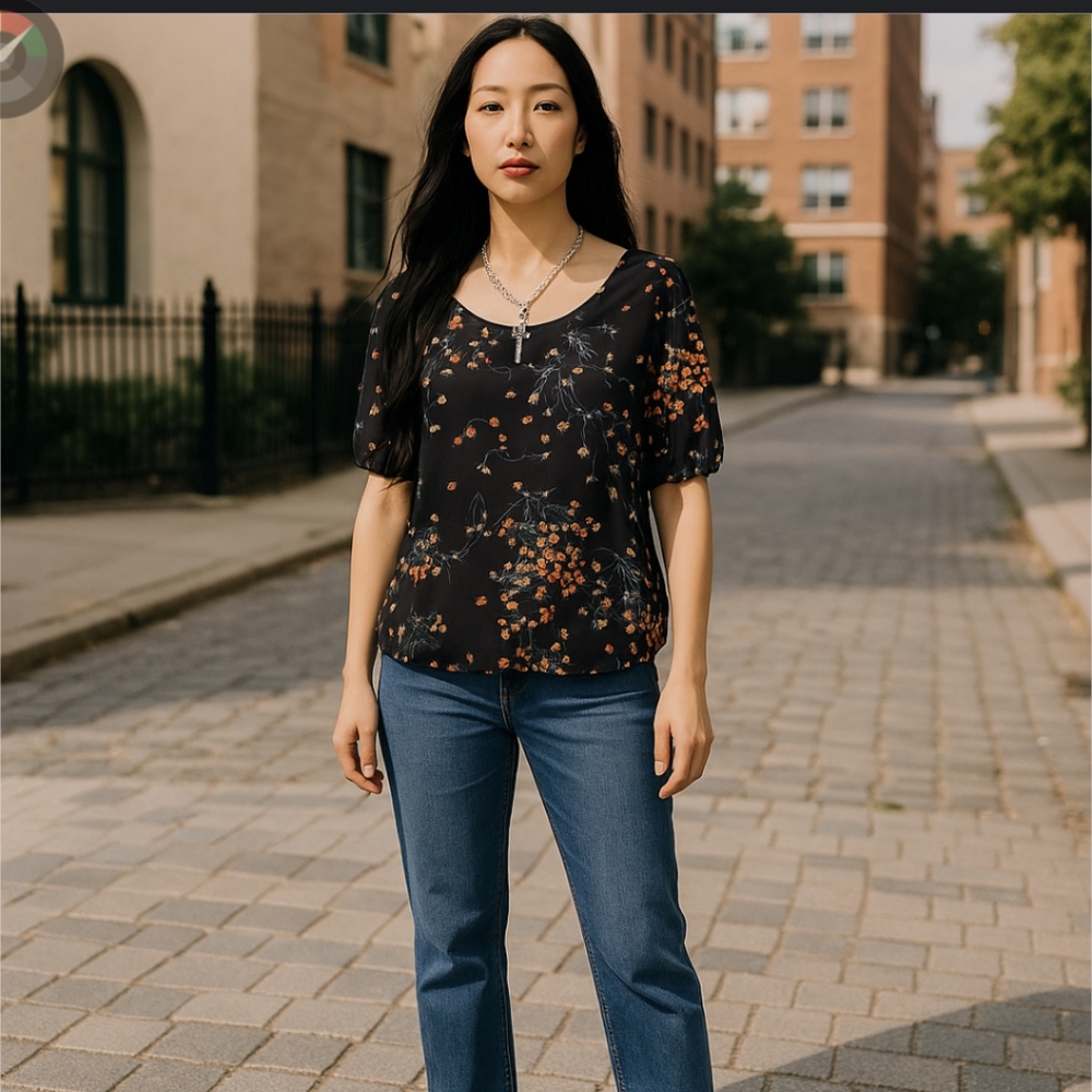 Zara Navy Blue Floral Short Sleeve Blouse